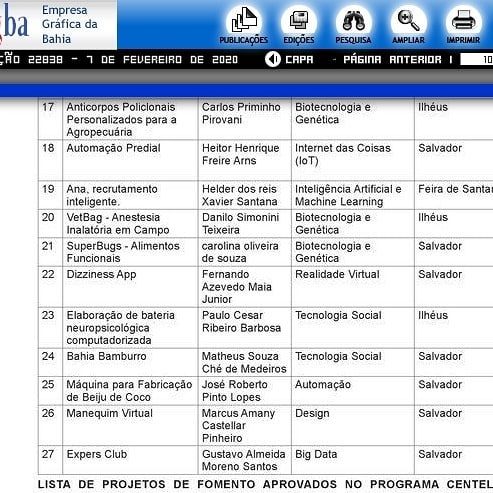 Official Gazette list showing Bahia Bamburro among the projects approved in Centelha