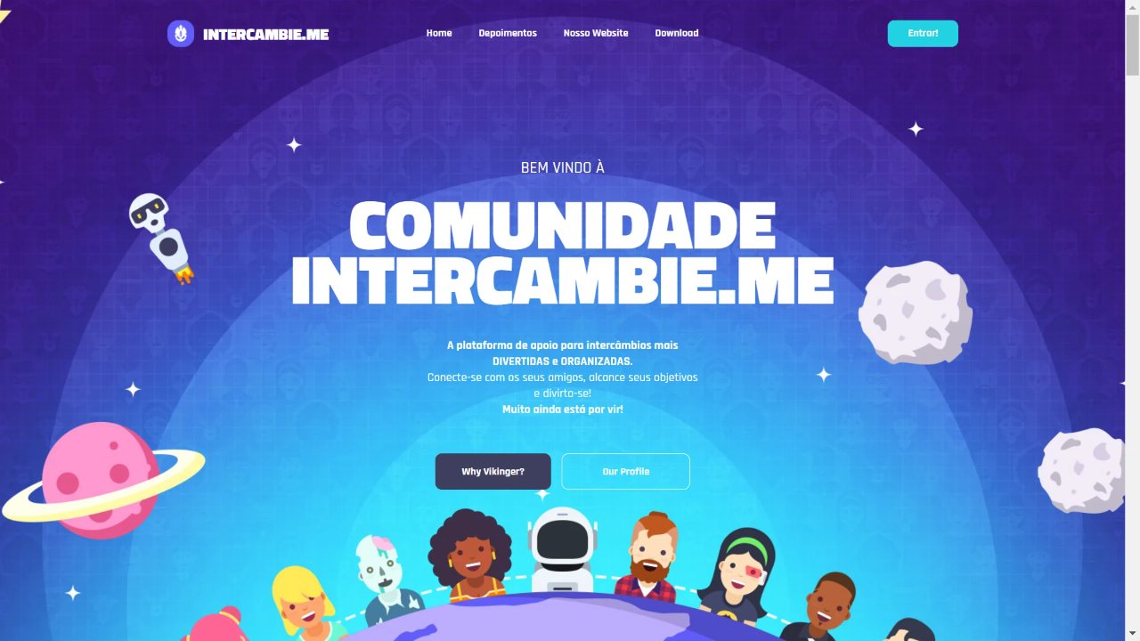 Tela de boas-vindas da comunidade Intercambie.me, com avatares de intercambistas