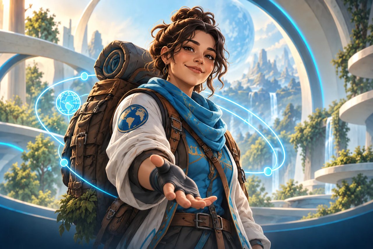 Ilustração de uma viajante de mochila e lenço azul, personagem que representa o Intercambie.me