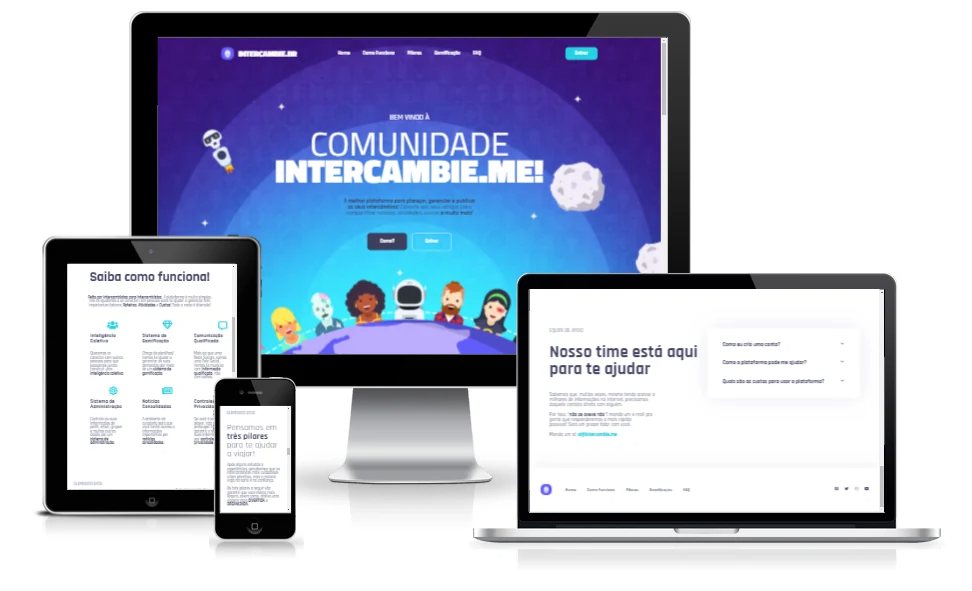 Mockup do Intercambie.me em computador, notebook, tablet e celular