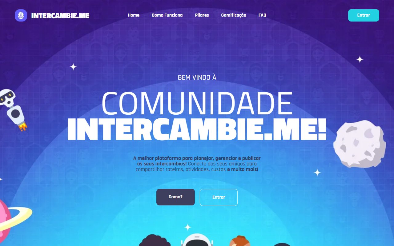 Página inicial do Intercambie.me, com a chamada para a comunidade de intercambistas