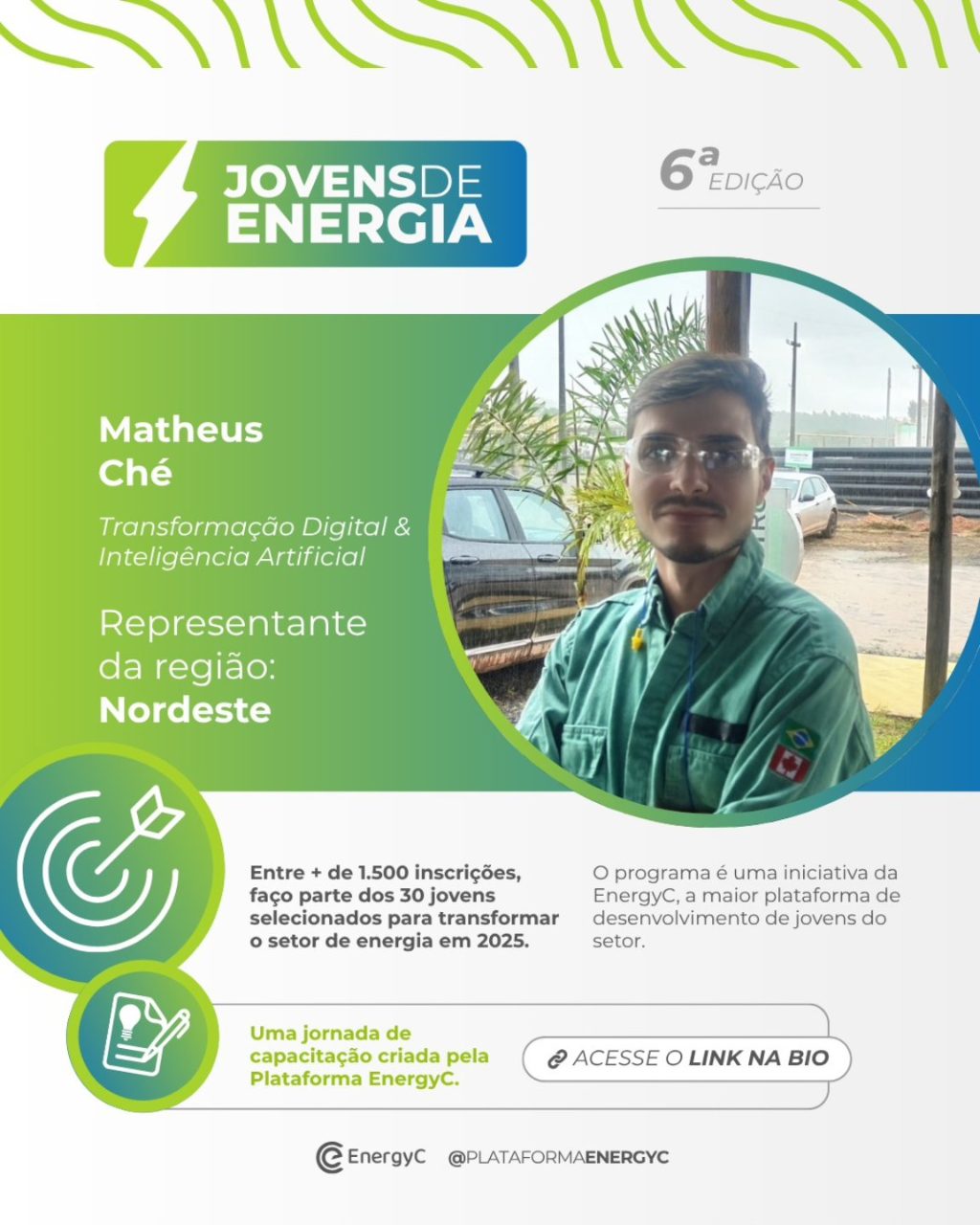 Card oficial do programa Jovens de Energia com a foto de Matheus Ché