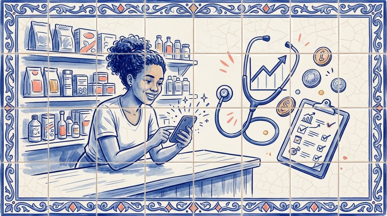 Ilustração em estilo de azulejo de uma empreendedora no balcão da sua loja consultando um assistente de IA no celular, ao lado de um estetoscópio, moedas e uma prancheta