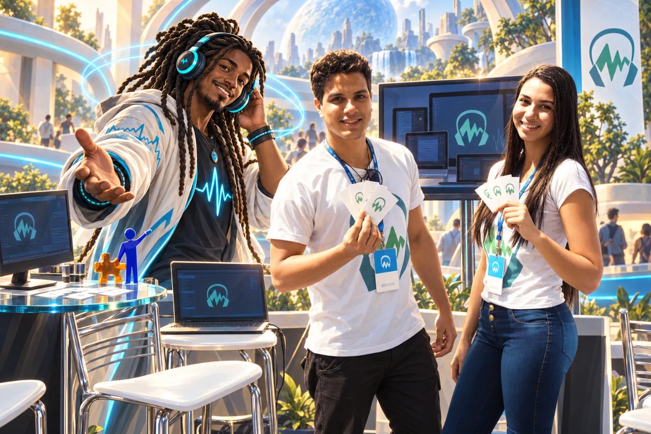 Illustration of the Music Touch booth at Campus Party, with the team showing branded cards