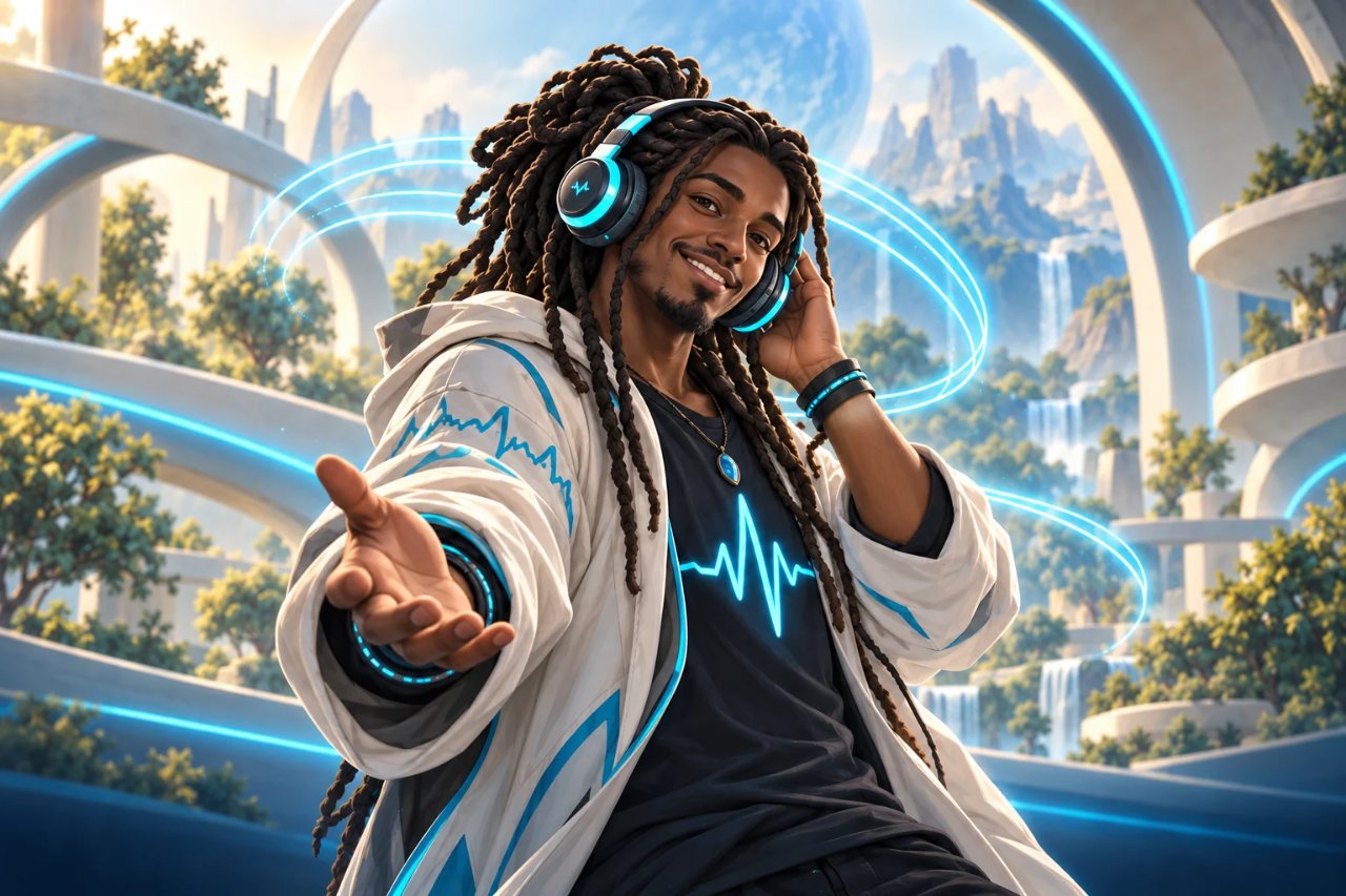 Ilustração de um músico com dreadlocks e fones de luz ciano, personagem que representa o Music Touch