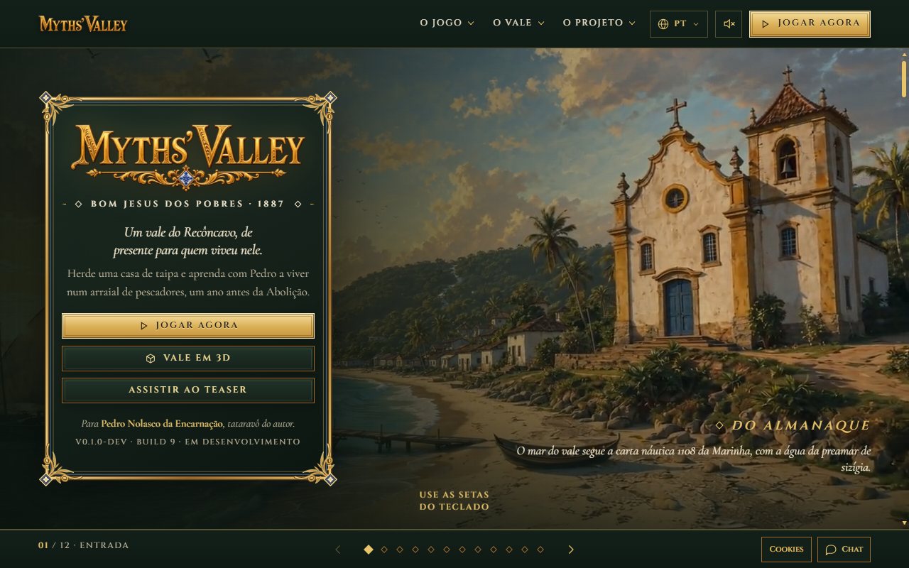 Myths’ Valley 网站首页，画面是海边村庄的教堂
