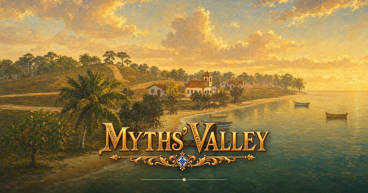 Pintura da vila do Myths' Valley à beira-mar, com a logo do jogo