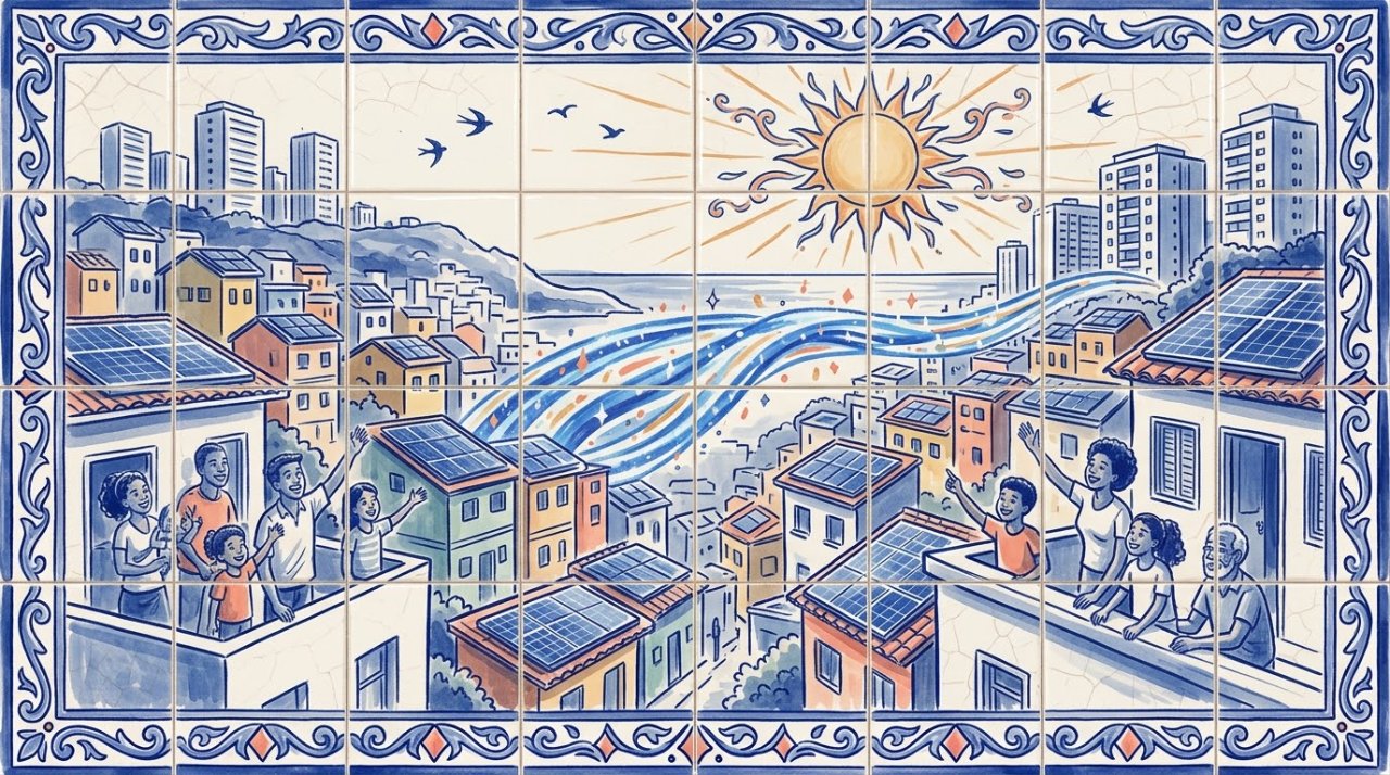 Ilustração em estilo de azulejo de telhados de um bairro de Salvador com painéis solares, ligados por uma faixa de luz a prédios ao fundo, com famílias acenando