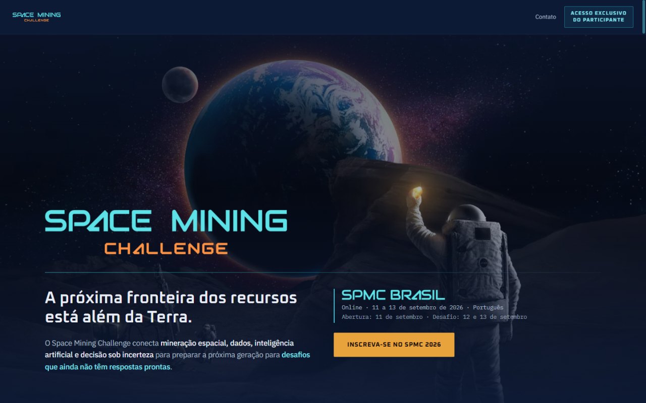 Página inicial do Space Mining Challenge, com um astronauta diante da Terra e o botão de inscrição